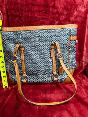 Vintage Coach Navy Patterned Tote with Tan Trim
